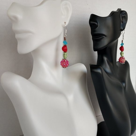 Handmade Dia De Muertos Earrings with Red and Green Skull Beads and Pink Cluster - Picture 1 of 16